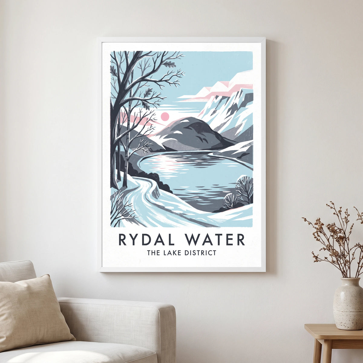 Rydal Water travel poster in a white frame, hanging in a living2