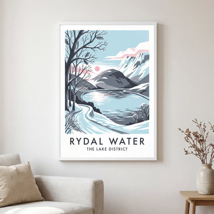 Rydal Water travel poster in a white frame, hanging in a living2