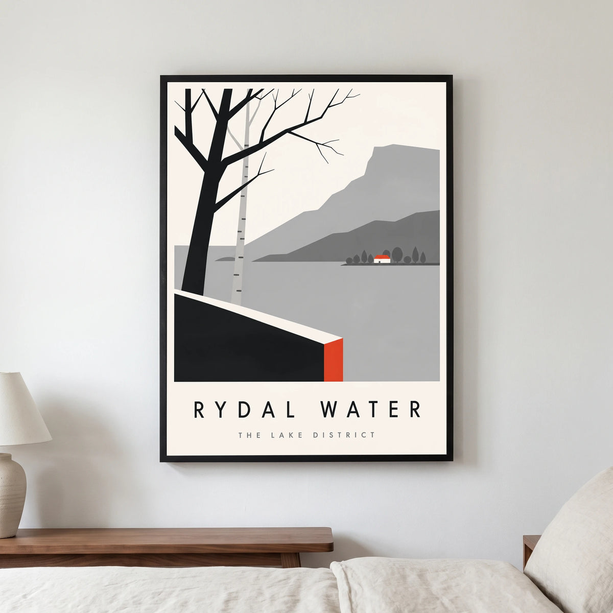 Rydal Water travel poster in a black frame, hanging in a bedroom3