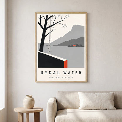 Rydal Water travel poster in a natural frame, hanging in a living