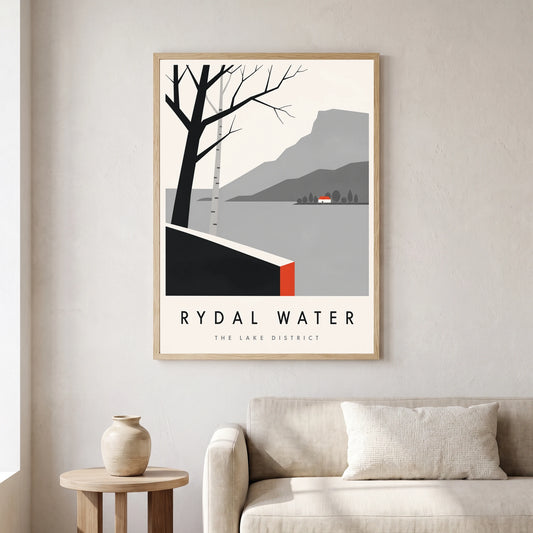 Rydal Water travel poster in a natural frame, hanging in a living