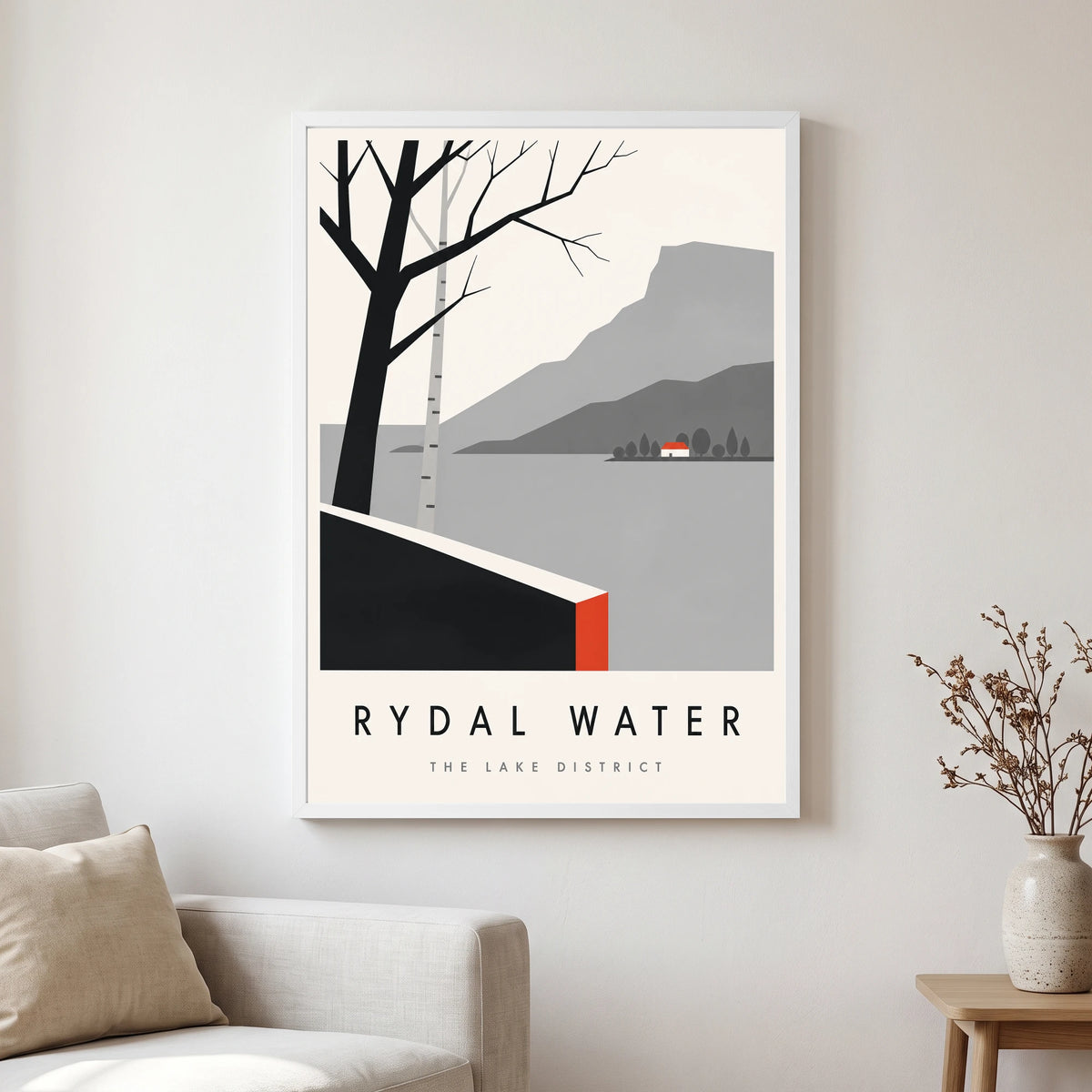 Rydal Water travel poster in a white frame, hanging in a living2