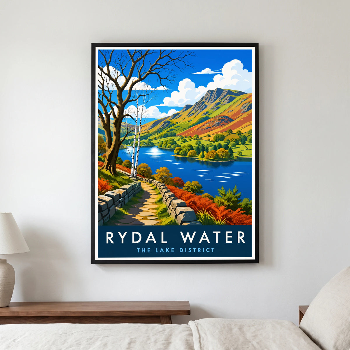 Rydal Water travel poster in a black frame, hanging in a bedroom3