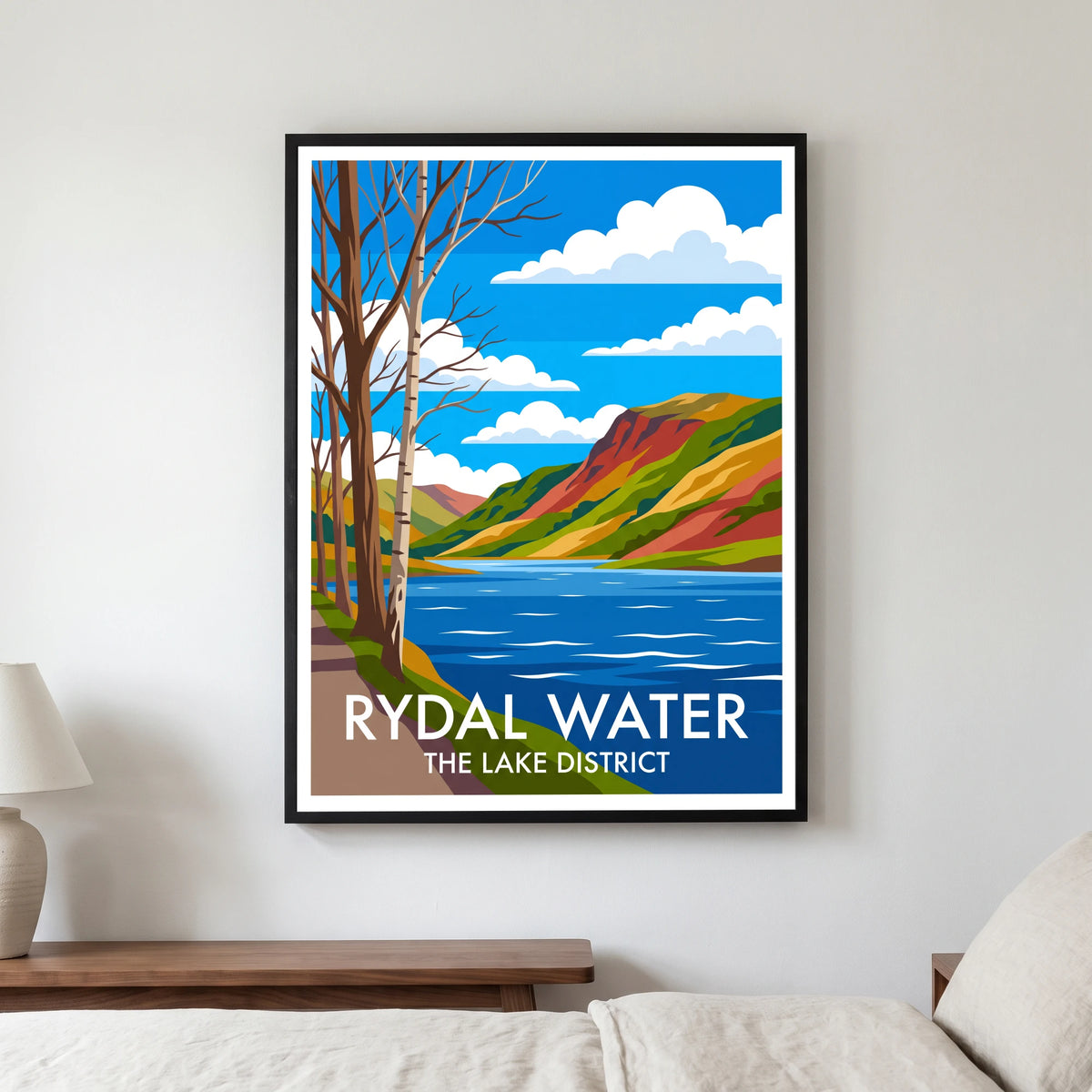 Rydal Water travel poster in a black frame, hanging in a bedroom3