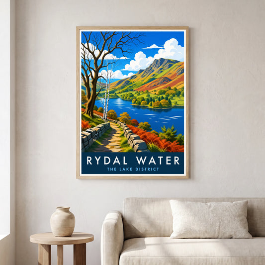 Rydal Water travel poster in a natural frame, hanging in a living