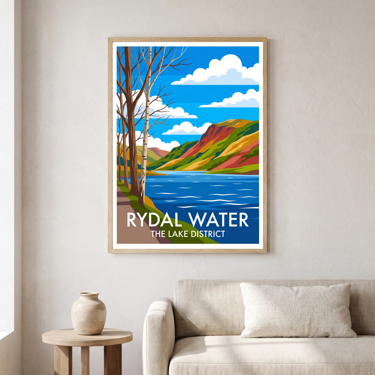 Rydal Water travel poster in a natural frame, hanging in a living