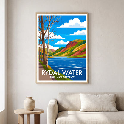 Rydal Water travel poster in a natural frame, hanging in a living