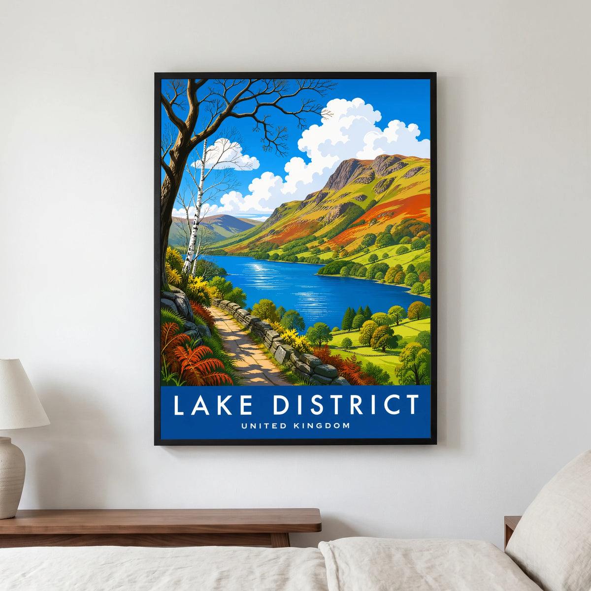 Rydal Water travel poster in a black frame, hanging in a bedroom3