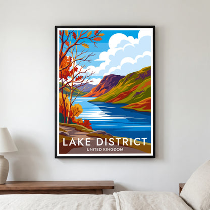 Rydal Water travel poster in a black frame, hanging in a bedroom3