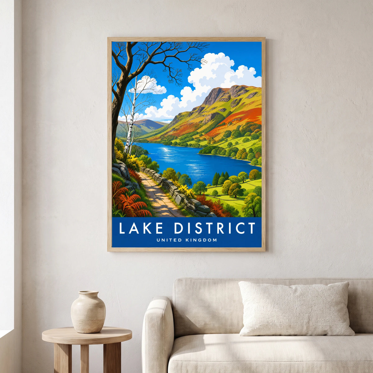 Rydal Water travel poster in a natural frame, hanging in a living