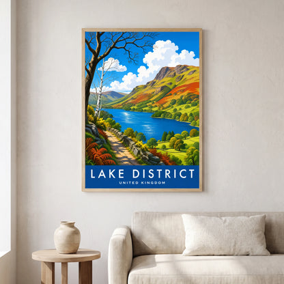 Rydal Water travel poster in a natural frame, hanging in a living