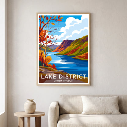 Rydal Water travel poster in a natural frame, hanging in a living
