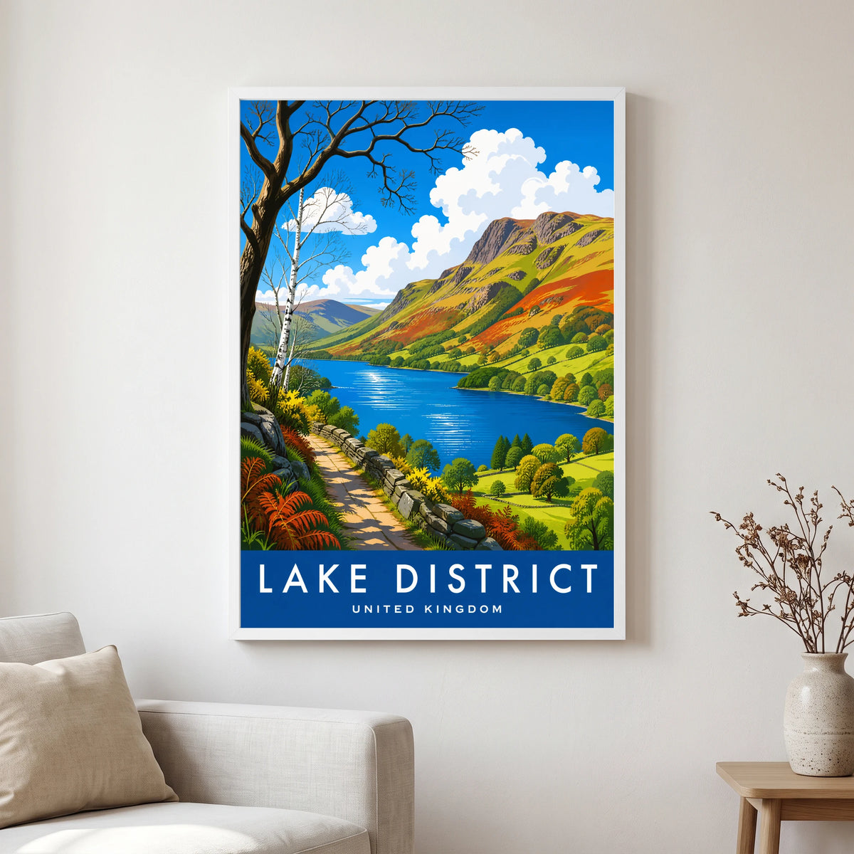 Rydal Water travel poster in a white frame, hanging in a living2