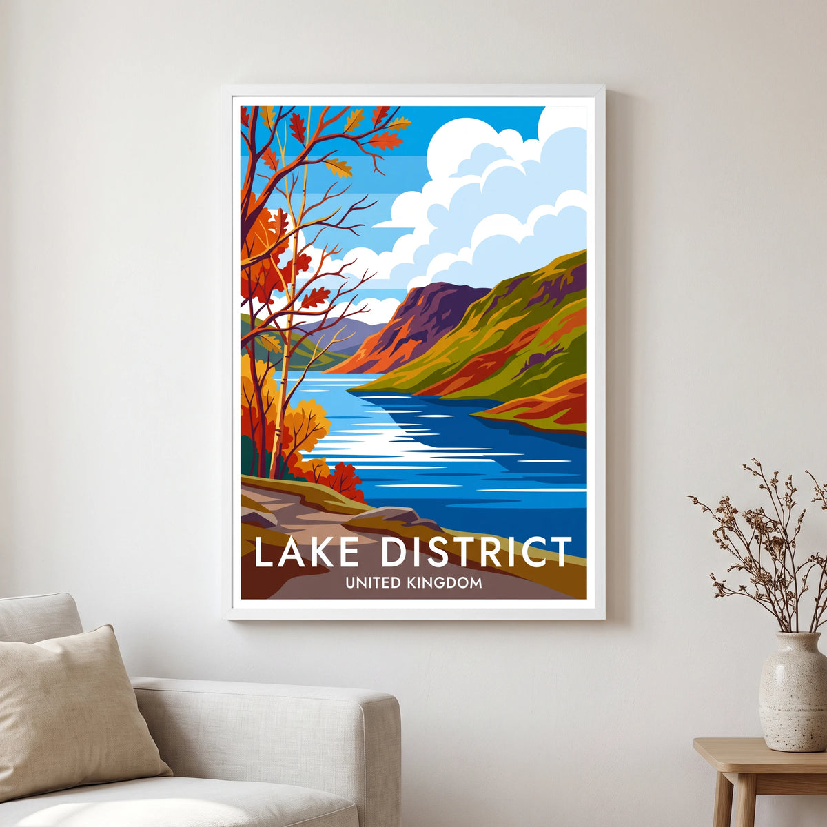 Rydal Water travel poster in a white frame, hanging in a living2