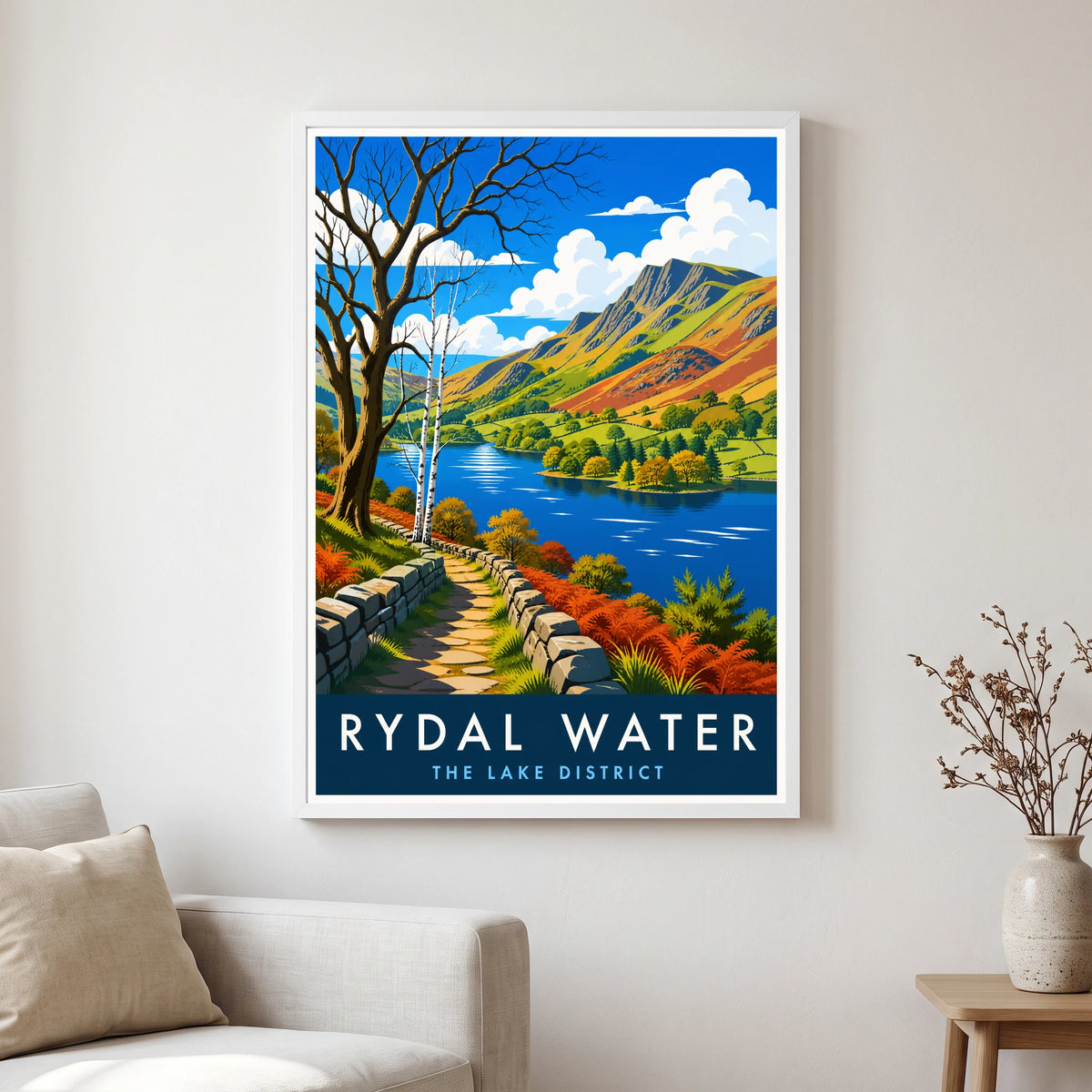 Rydal Water travel poster in a white frame, hanging in a living2