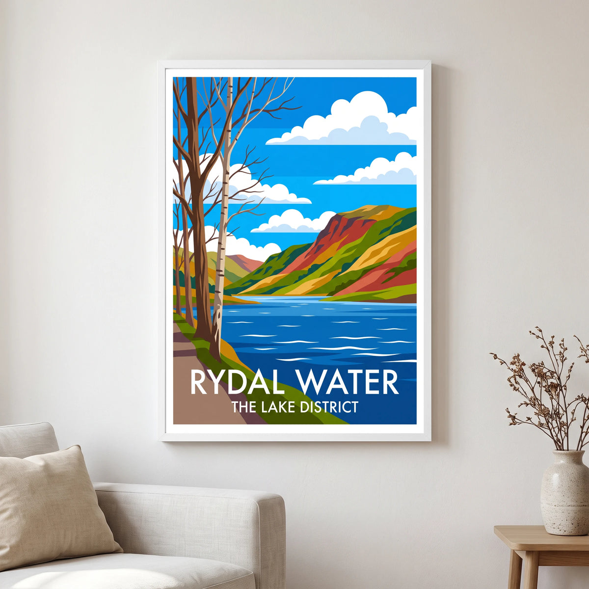Rydal Water travel poster in a white frame, hanging in a living2