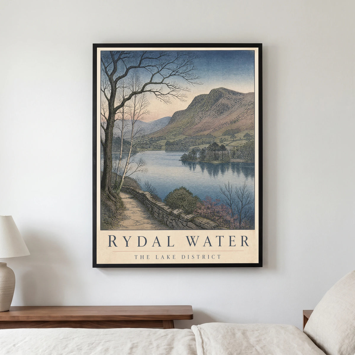 Rydal Water travel poster in a black frame, hanging in a bedroom3