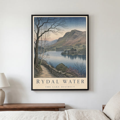 Rydal Water travel poster in a black frame, hanging in a bedroom3