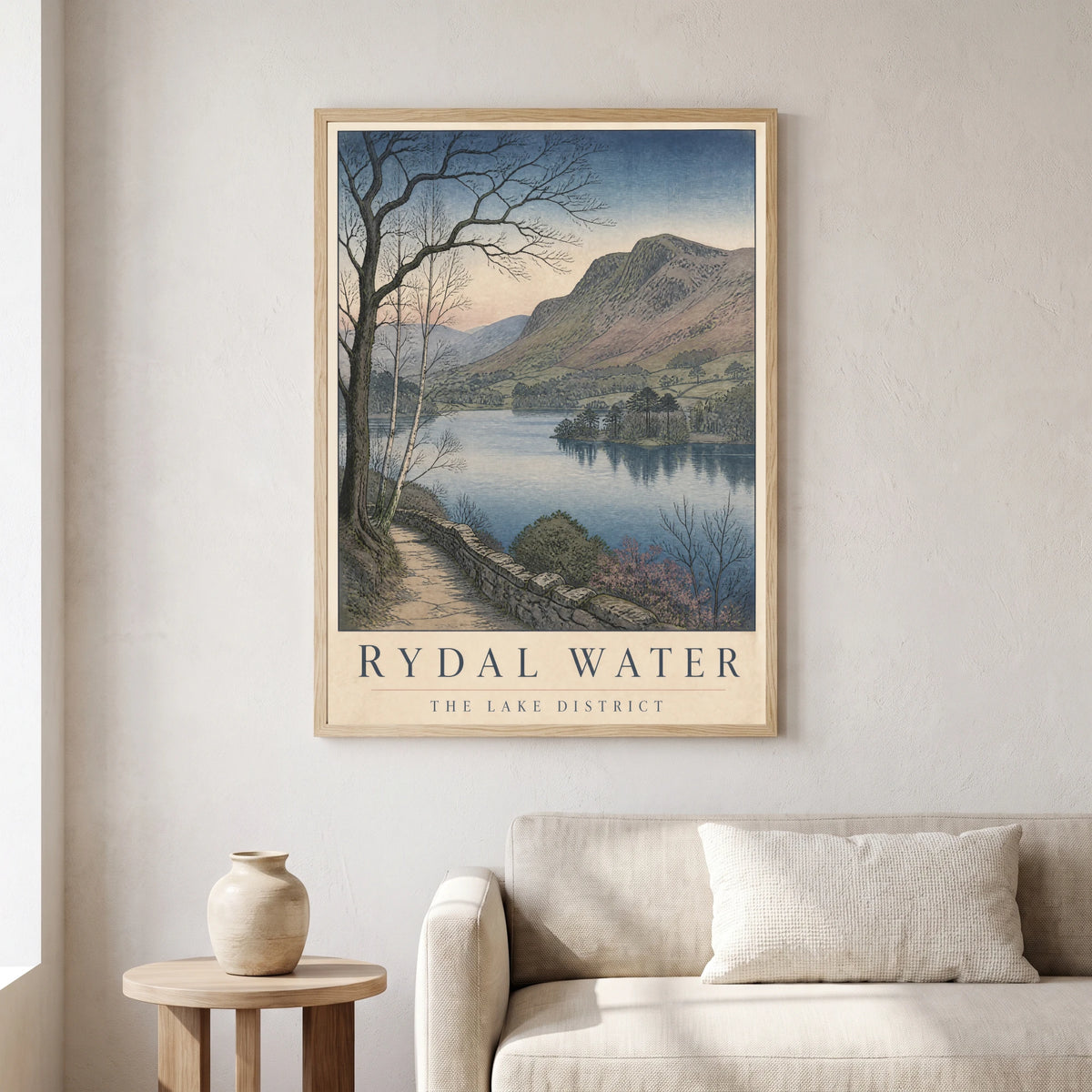 Rydal Water travel poster in a natural frame, hanging in a living