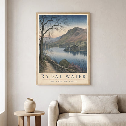 Rydal Water travel poster in a natural frame, hanging in a living