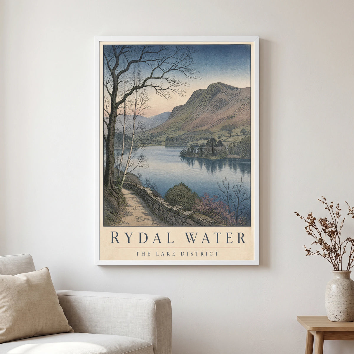 Rydal Water travel poster in a white frame, hanging in a living2