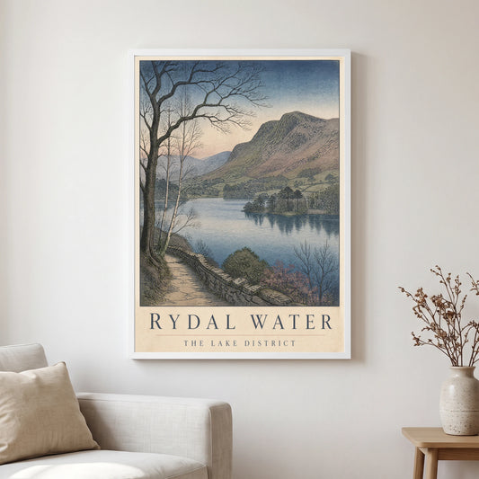 Rydal Water travel poster in a white frame, hanging in a living2