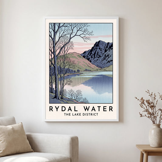 Rydal Water travel poster in a white frame, hanging in a living2