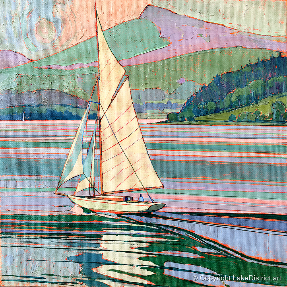 Sailboat on a Pastel Lake - lake district walking art print and canvas by Cedric Montgomery A.I