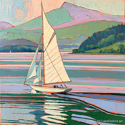 Sailboat on a Pastel Lake - lake district walking art print and canvas by Cedric Montgomery A.I