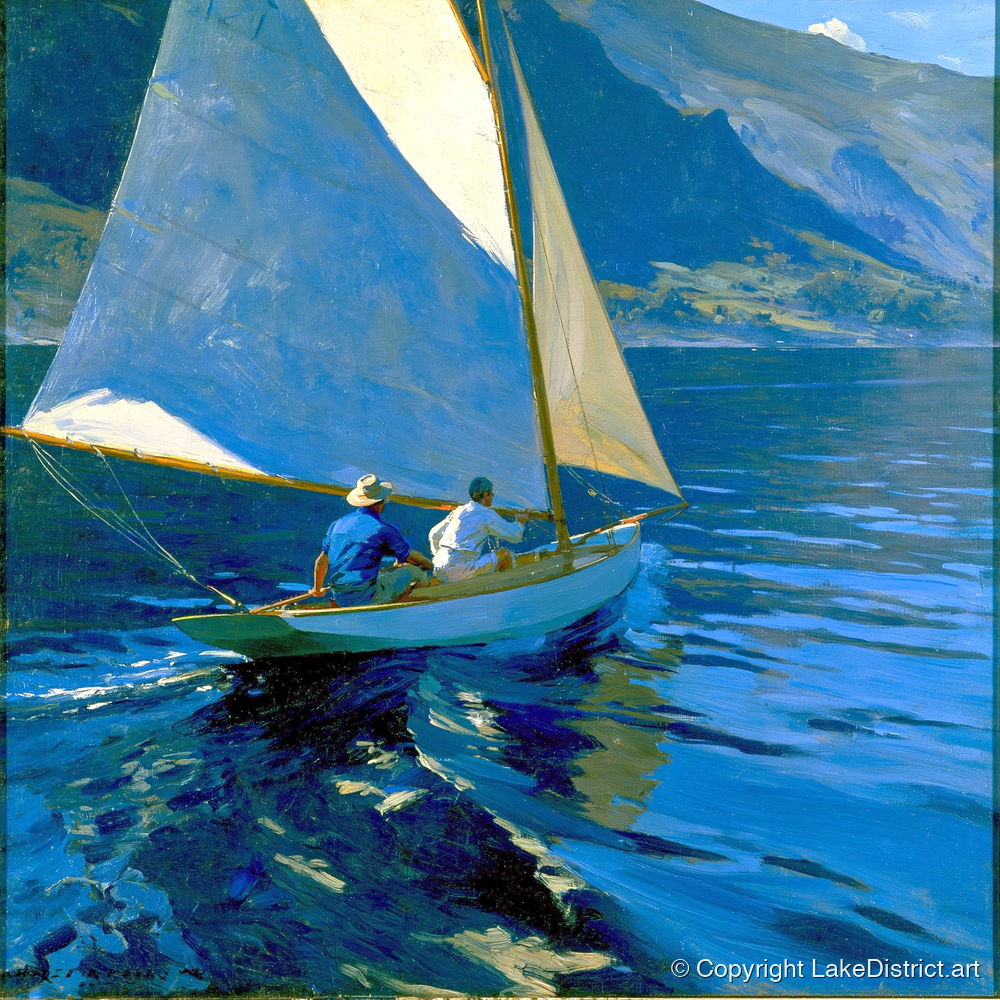 Sailboat on Deep Cobalt Waters - lake district walking art print and canvas by Percival Kent A.I