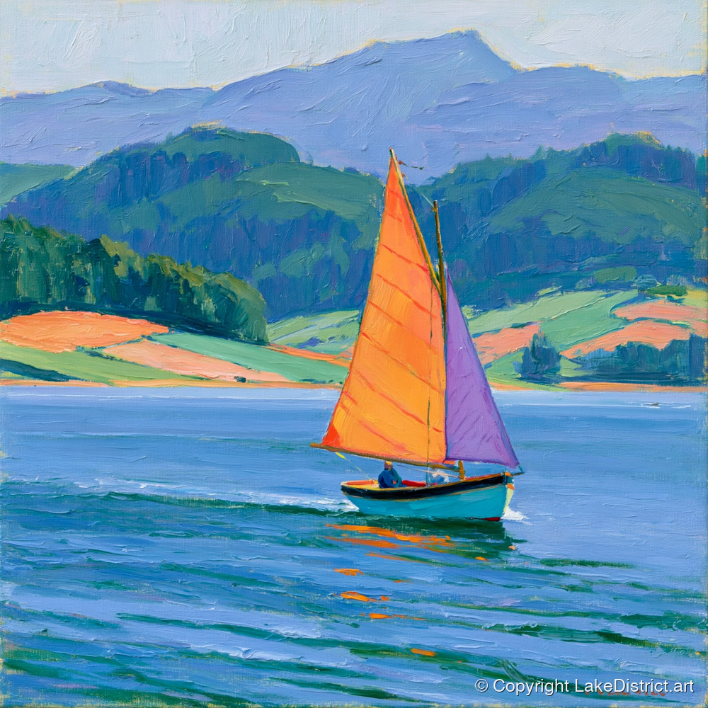 Sailing Boat on Breezy Lake - lake district walking art print and canvas by Marshall Davies A.I