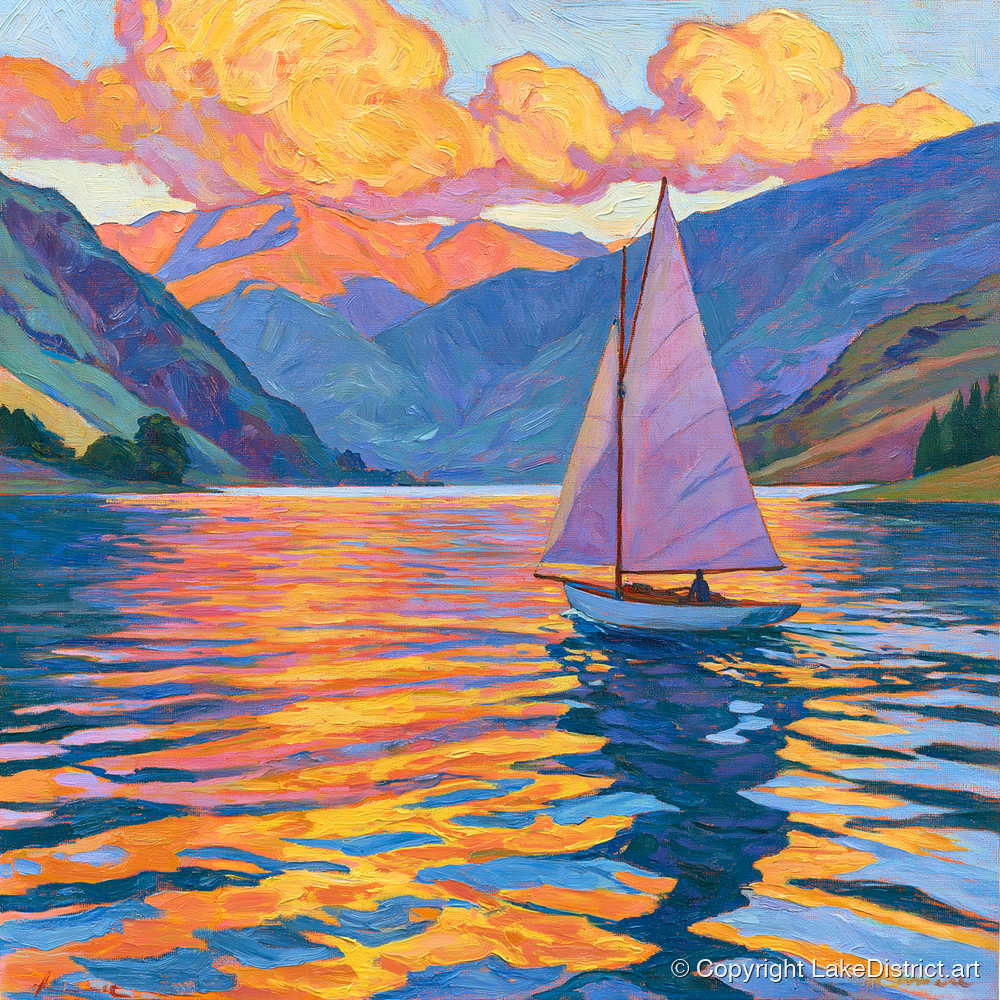 Sailing the Lake at Golden Hour - lake district walking art print and canvas by Celia Harding A.I