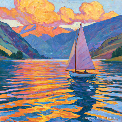 Sailing the Lake at Golden Hour - lake district walking art print and canvas by Celia Harding A.I
