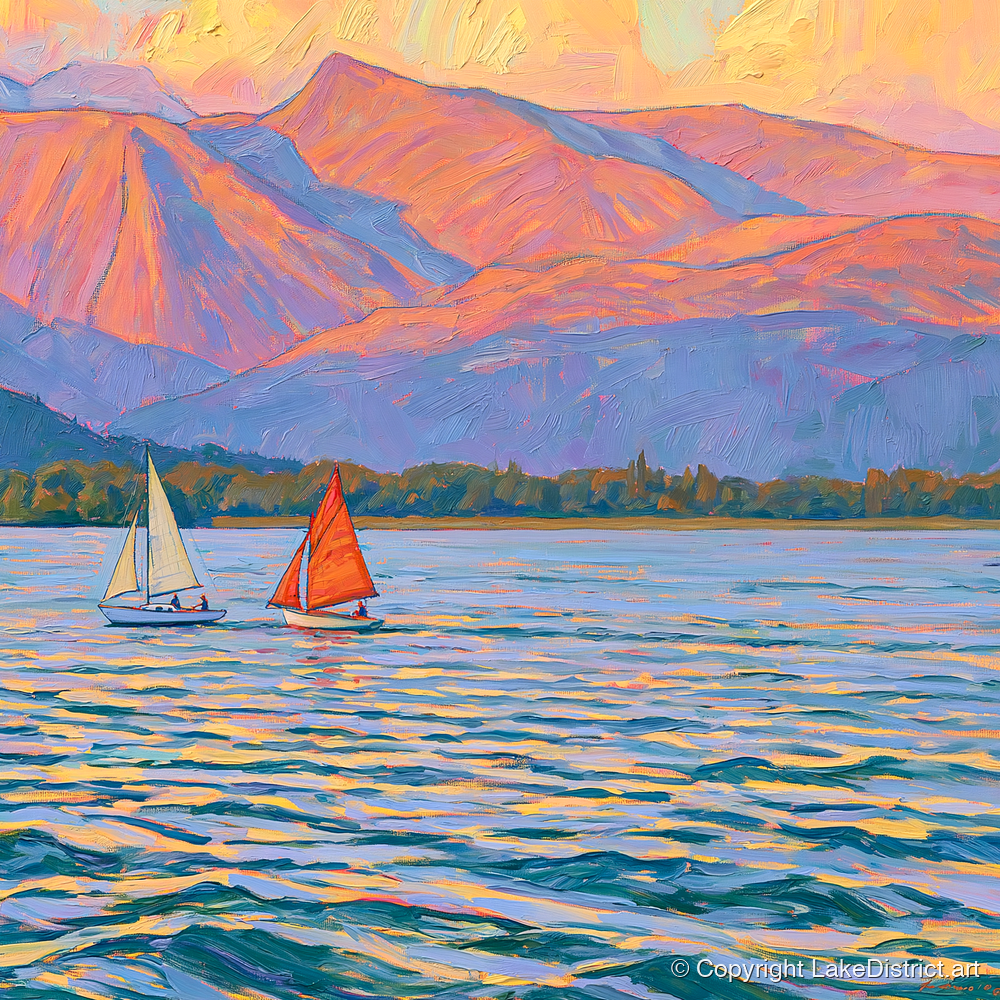 Sailing Windermere Under Purple Fells - lake district lake art print and canvas by Celia Harding A.I