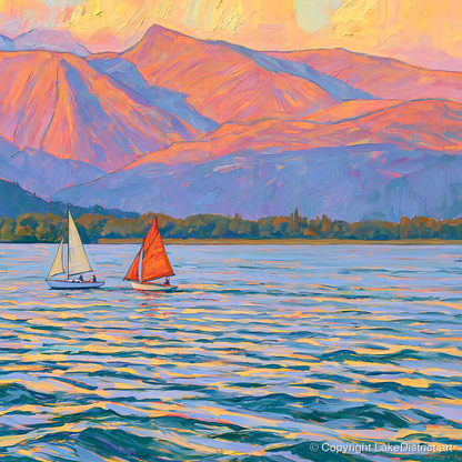 Sailing Windermere Under Purple Fells - lake district lake art print and canvas by Celia Harding A.I