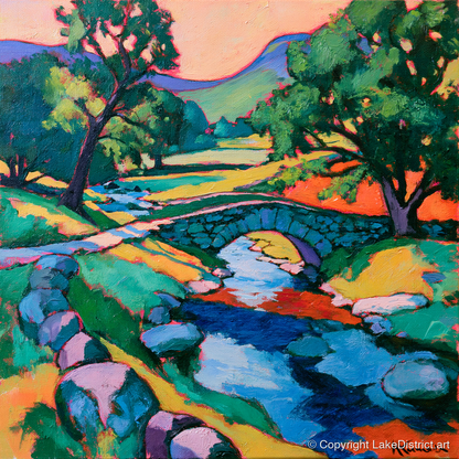 Saturated Sunset at the Stone Bridge - lake district waterfall art print and canvas by Gideon Wright A.I