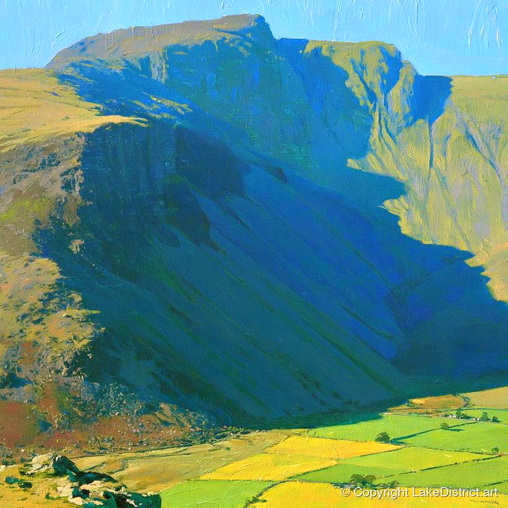 Scafell Pike Above Vibrant Fields - lake district fell art print and canvas by Daphne Morley A.I