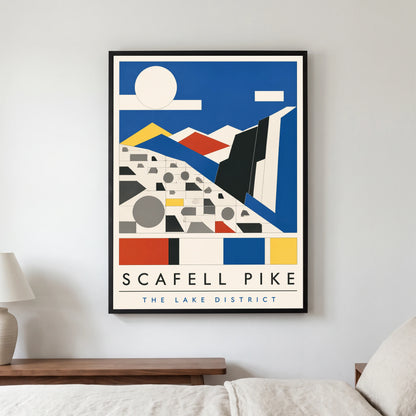 Scafell Pike travel poster in a black frame, hanging in a bedroom3