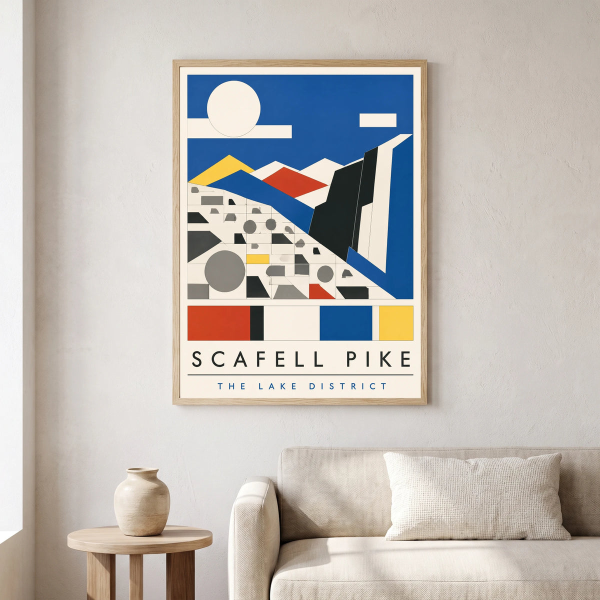 Scafell Pike travel poster in a natural frame, hanging in a living