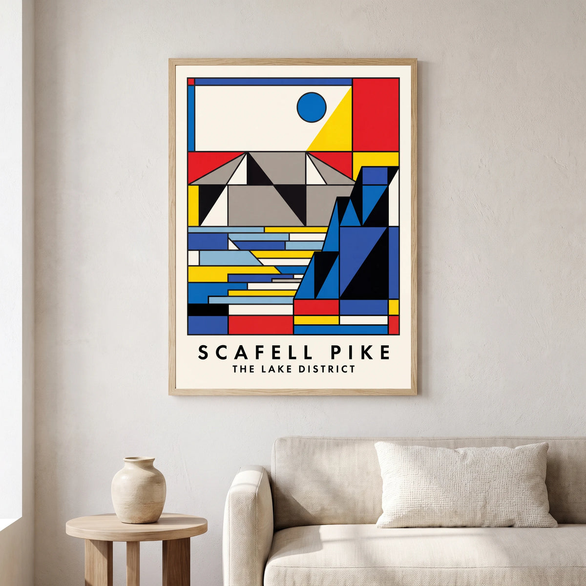 Scafell Pike travel poster in a natural frame, hanging in a living
