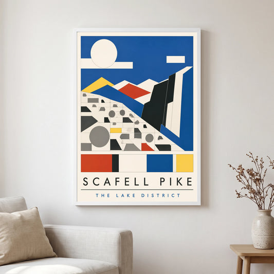 Scafell Pike travel poster in a white frame, hanging in a living2
