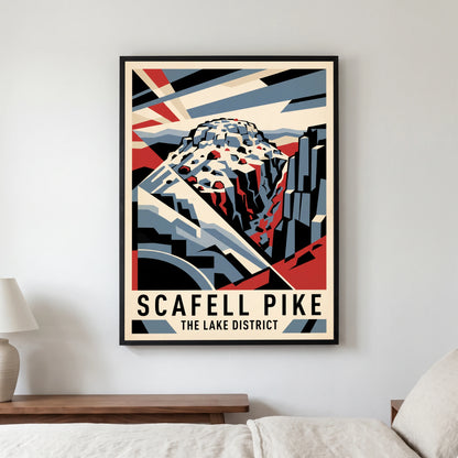 Scafell Pike travel poster in a black frame, hanging in a bedroom3