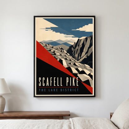 Scafell Pike travel poster in a black frame, hanging in a bedroom3