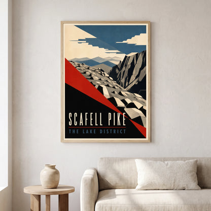 Scafell Pike travel poster in a natural frame, hanging in a living
