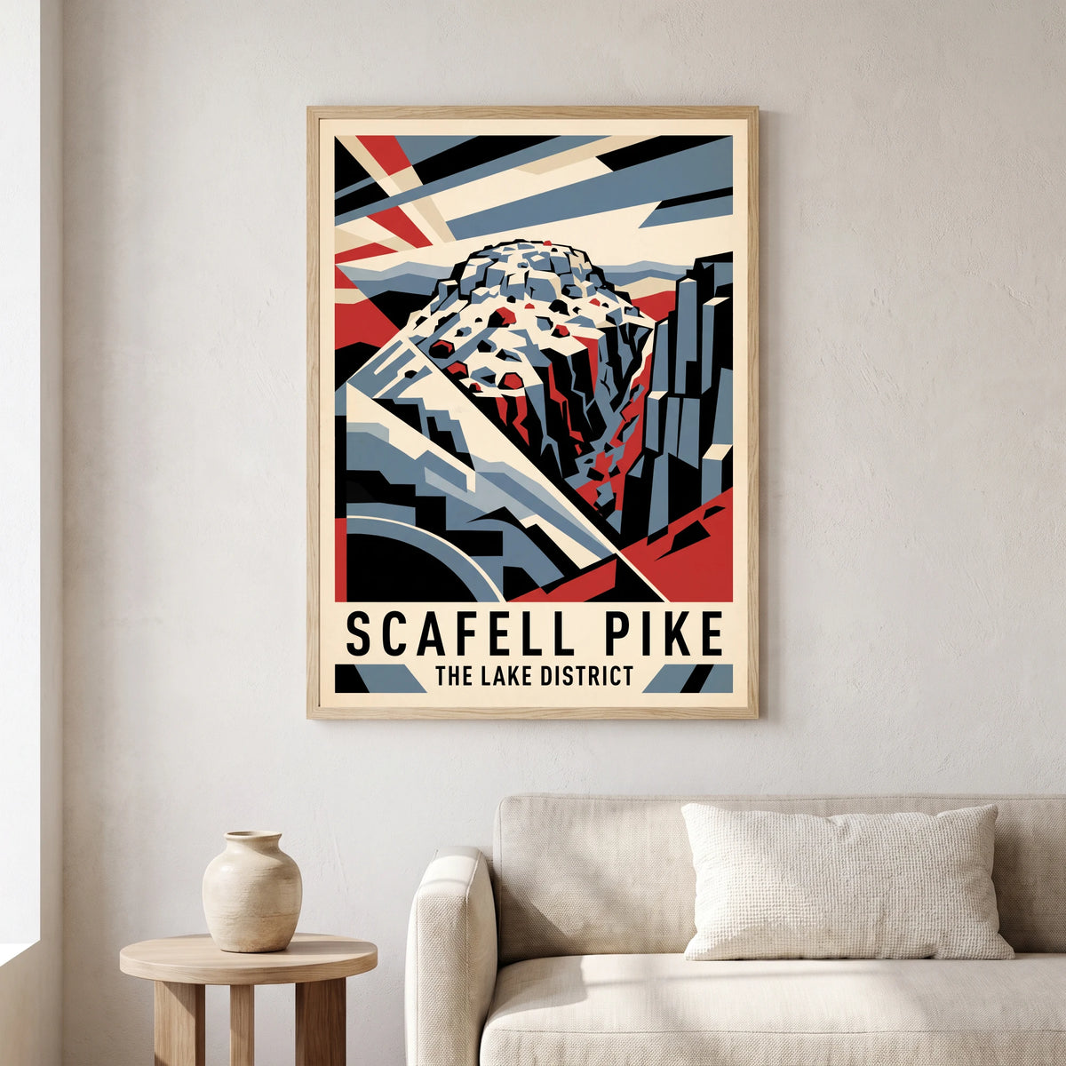 Scafell Pike travel poster in a natural frame, hanging in a living
