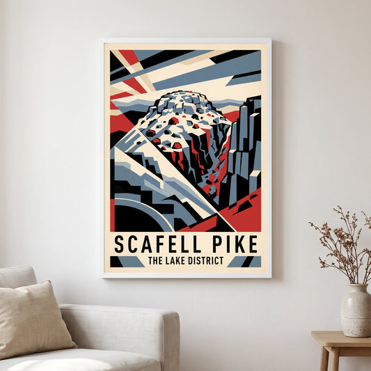 Scafell Pike travel poster in a white frame, hanging in a living2