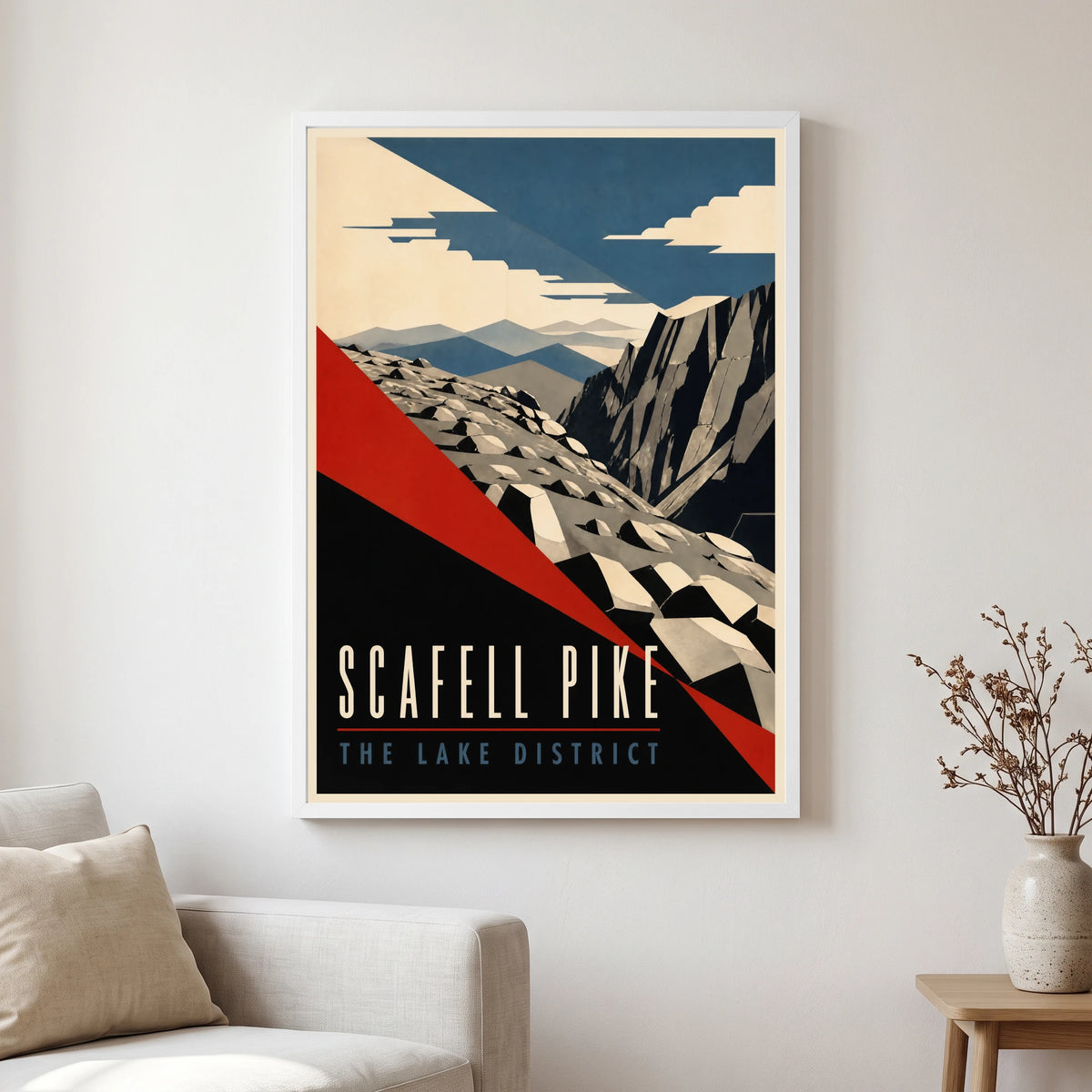 Scafell Pike travel poster in a white frame, hanging in a living2
