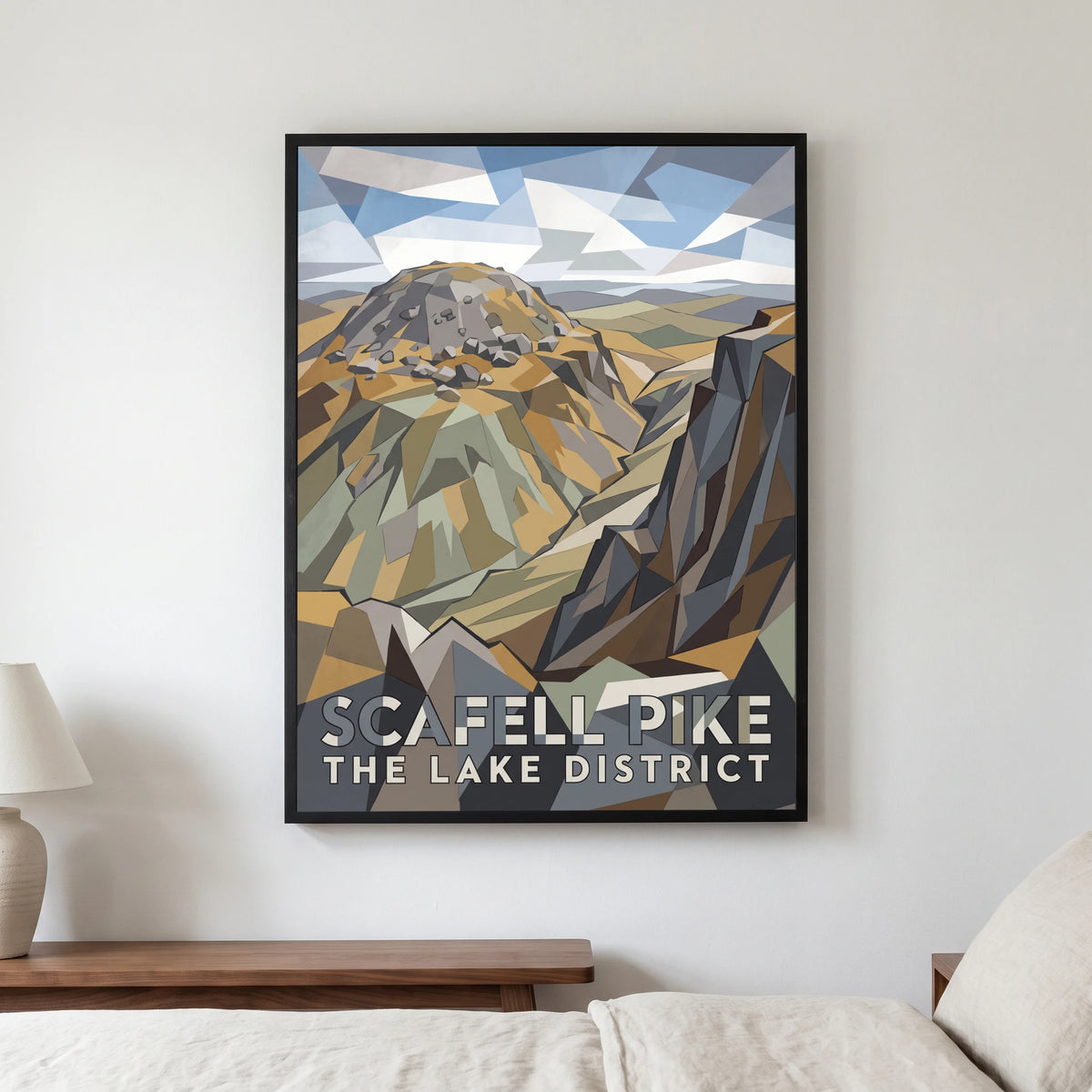 Scafell Pike travel poster in a black frame, hanging in a bedroom3