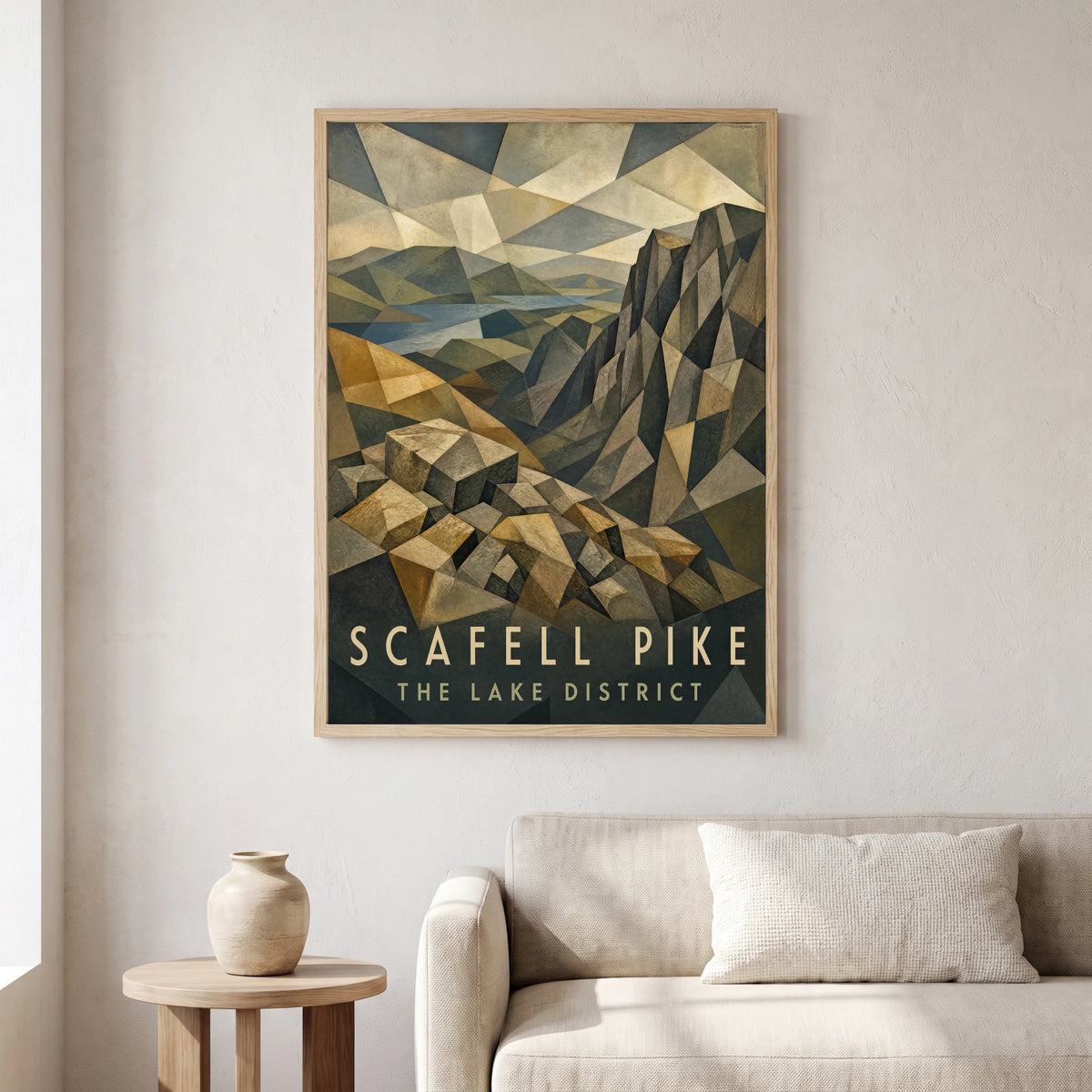 Scafell Pike travel poster in a natural frame, hanging in a living