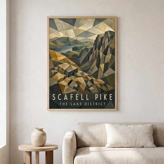 Scafell Pike travel poster in a natural frame, hanging in a living